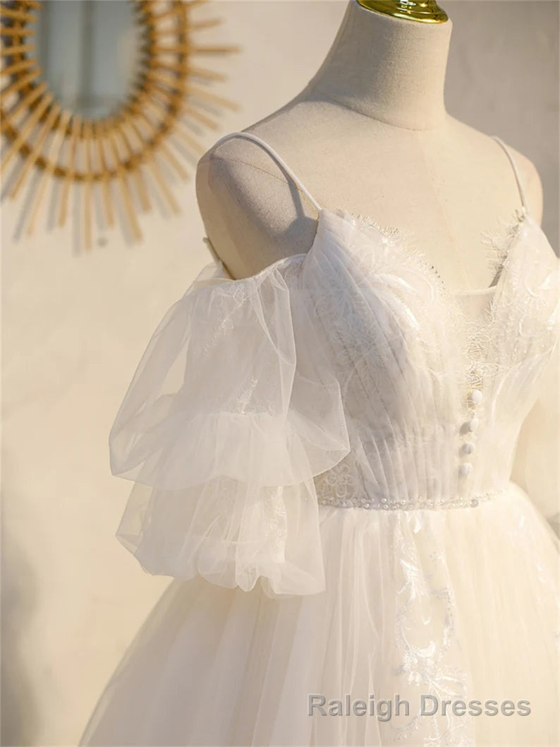 Ivory Spaghetti Strap V Neck Lace Homecoming Dress, Tulle Short Prom Dress