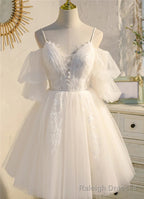 Ivory Spaghetti Strap V Neck Lace Homecoming Dress, Tulle Short Prom Dress