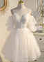 Ivory Spaghetti Strap V Neck Lace Homecoming Dress, Tulle Short Prom Dress