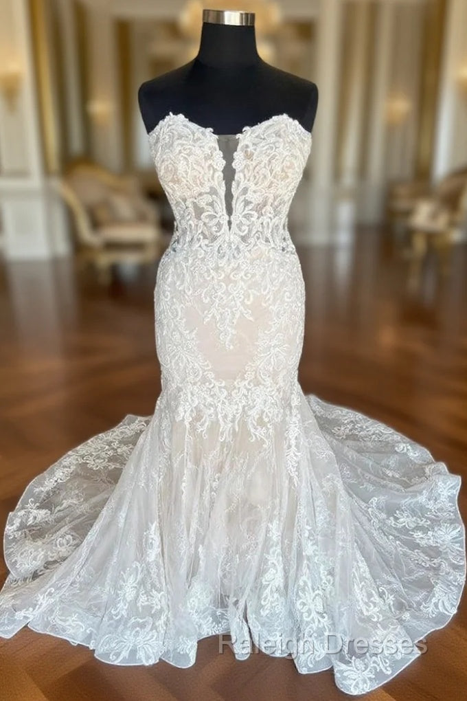 Ivory Strapless Floral Lace Trumpet Long Bridal Gown Wedding Dress