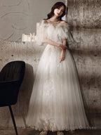 Ivory Sweetheart Neck Tulle Lace Long Prom Dress, Tulle Formal Party Dress