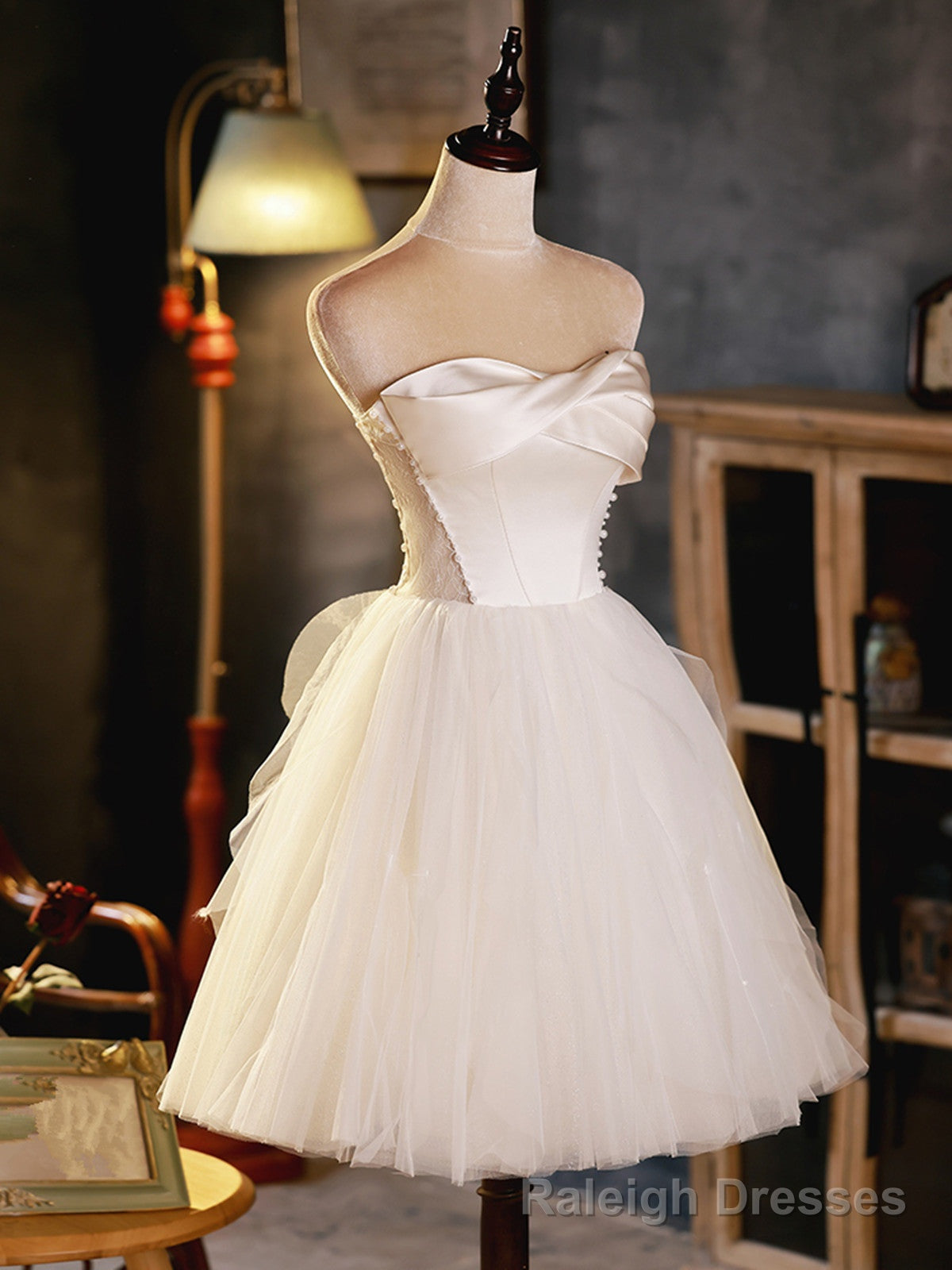 Ivory Tulle and Satin Short Prom Dress, Ivory Homecoming Dress Graduation Dress