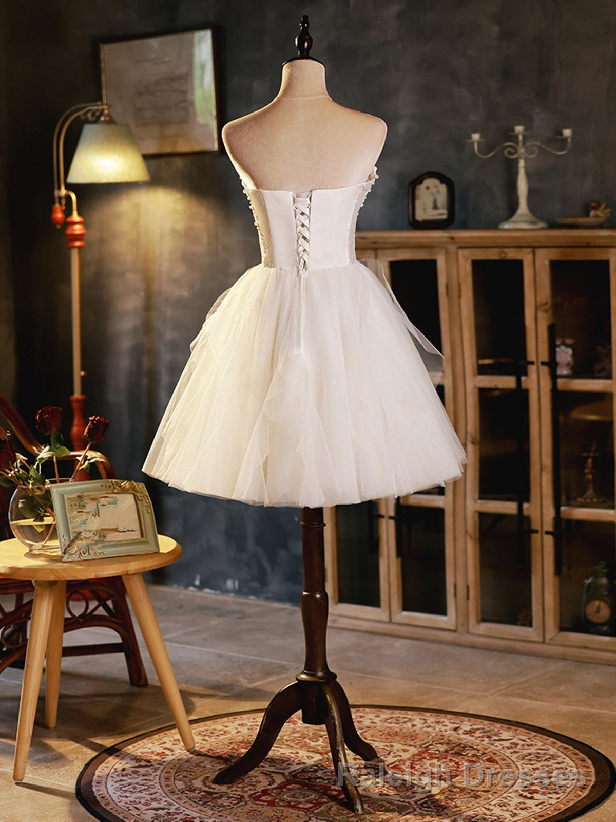 Ivory Tulle and Satin Short Prom Dress, Ivory Homecoming Dress Graduation Dress