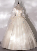 Ivory Tulle Ball Gowns Long Sweet 16 Dresses Ivory Long Sleeves Prom Dresseses