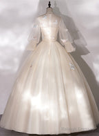 Ivory Tulle Ball Gowns Long Sweet 16 Dresses Ivory Long Sleeves Prom Dresseses