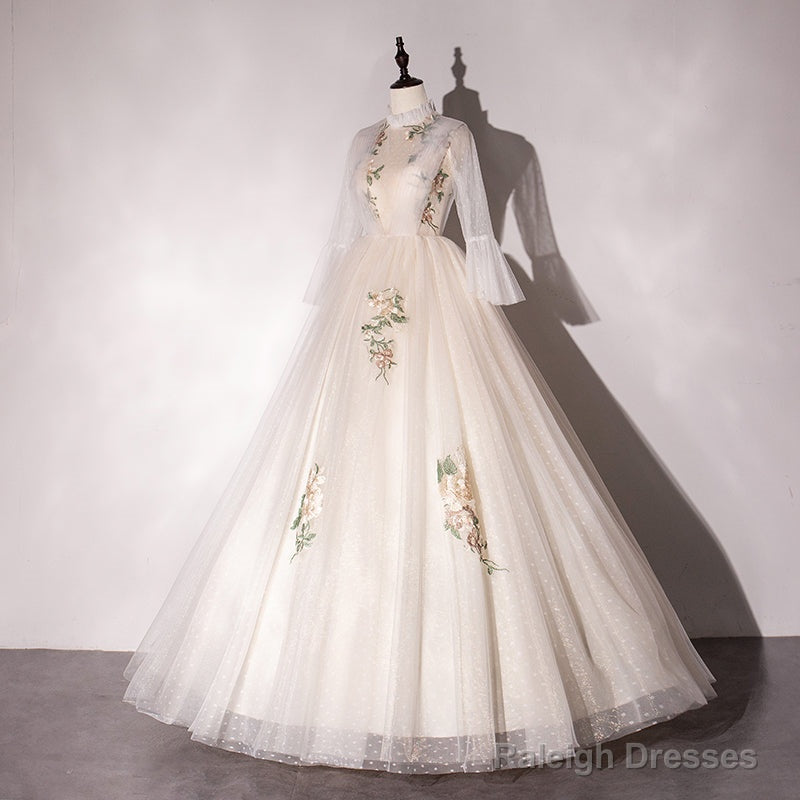 Ivory Tulle High Neckline Long Prom Dresses With Lace Applique Ball Gowns Sweet 16 Dress Secondary image