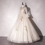 Ivory Tulle High Neckline Long Prom Dresses With Lace Applique Ball Gowns Sweet 16 Dress