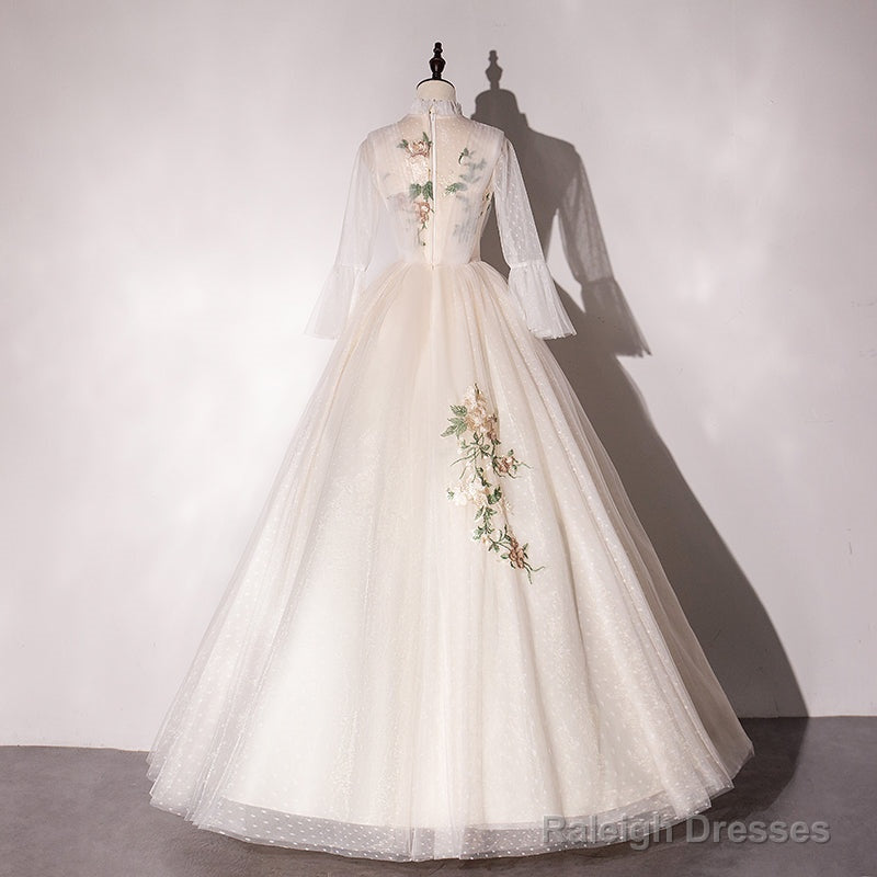 Ivory Tulle High Neckline Long Party Dress With Lace Applique, Ball Gown Sweet 16 Dresses