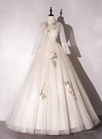 Ivory Tulle High Neckline Long Party Dress With Lace Applique, Ball Gown Sweet 16 Dresses