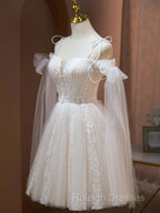 Ivory Tulle Knee Length With Lace Short Prom Dress, Cute Ivory Party Dresses