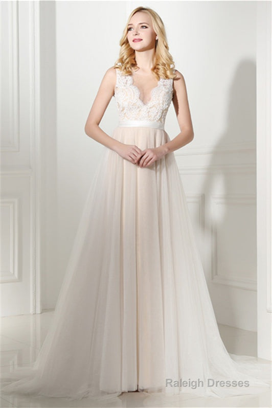 Ivory Tulle Lace Scoop Neck Floor Length Wedding Dresses Main image