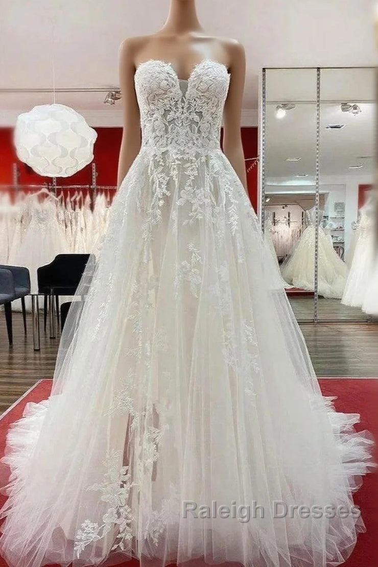Ivory Tulle Lace Wedding Dresses A-Line Sweetheart Bridal Dresses With Sweep Train Off Shoulder Main image