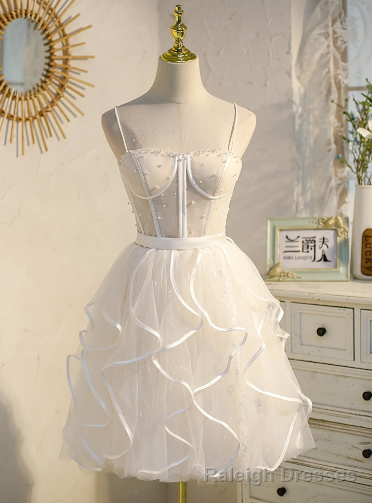 Ivory Tulle Spaghetti Straps Pearls Homecoming Dress Main image