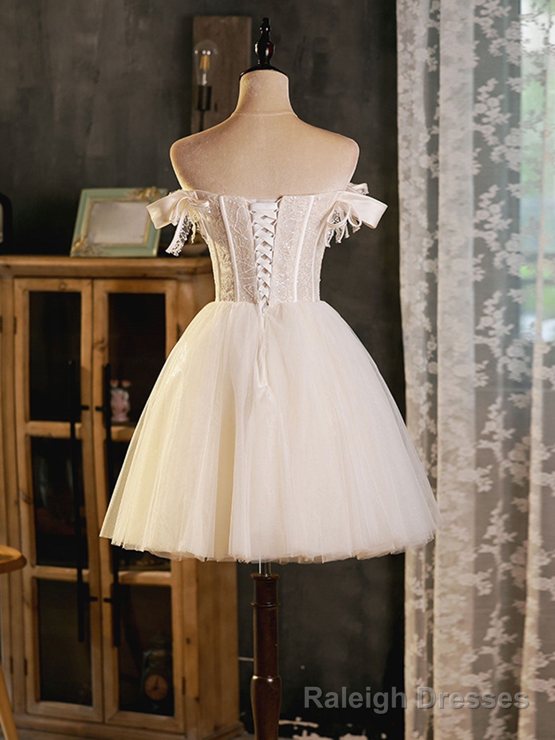 Ivory Tulle Sweetheart with Lace Short Prom Dress, Ivory Homecoming Dress Main image