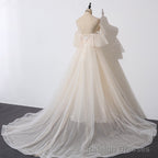 Ivory Tulle V Neckline Straps Off Shoulder Long Prom Dress, A Line Prom Dress