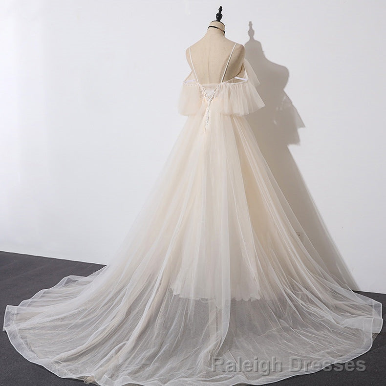 Ivory Tulle V Neckline Straps Off Shoulder Long Prom Dress, A Line Prom Dress