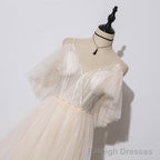 Ivory Tulle V Neckline Straps Off Shoulder Long Prom Dress, A Line Prom Dress