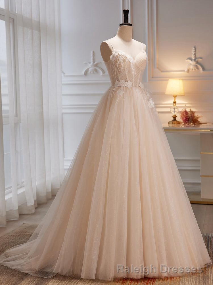 Ivory Tulle with Flowers Straps Prom Dress, A-line Ivory Party Dress Main image