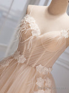 Ivory Tulle with Flowers Straps Prom Dress, A Line Ivory Prom Dress