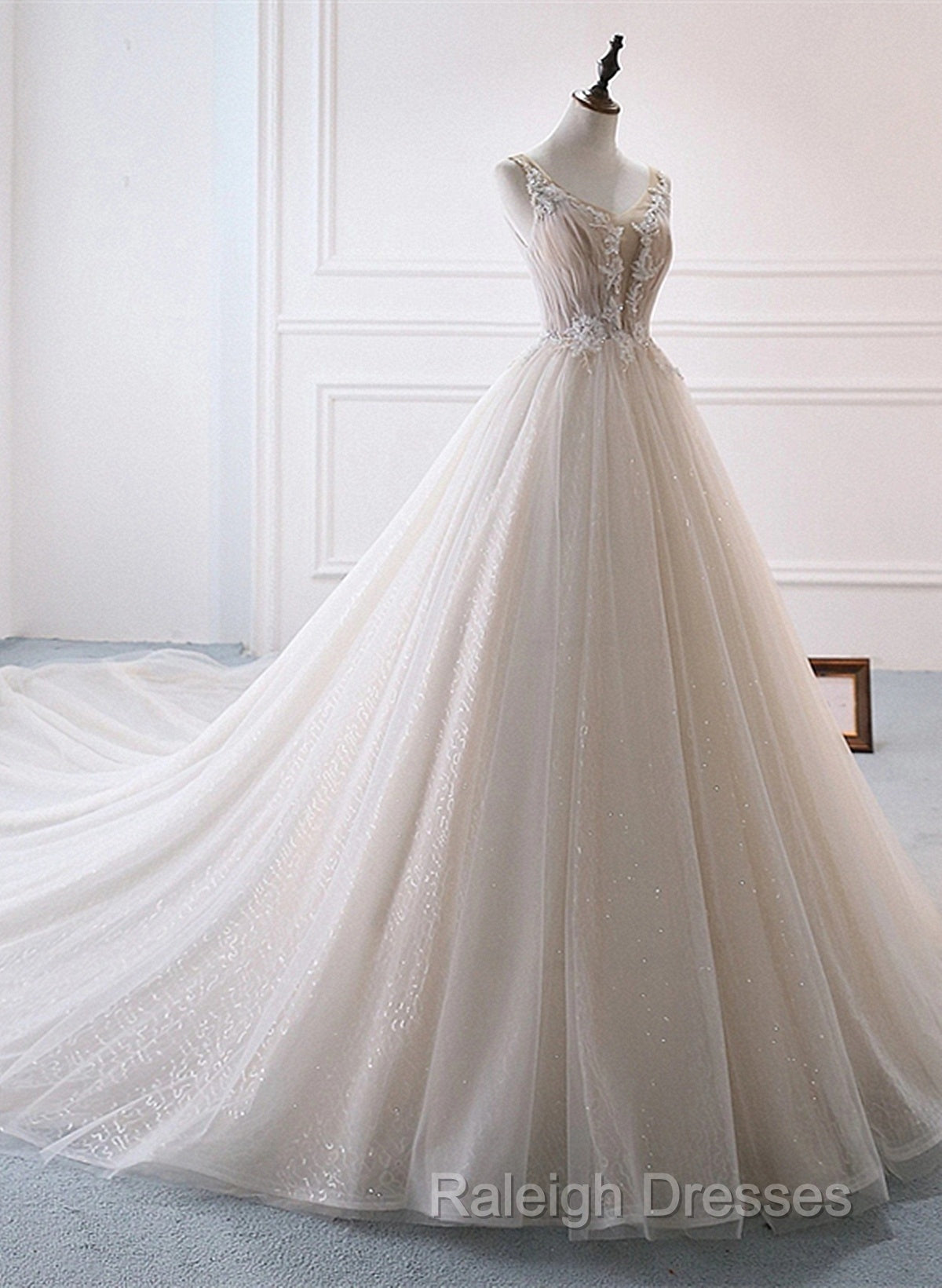 Ivory Tulle With Lace Long Wedding Prom Dresses With Sweep Train Ivory Prom Dresses