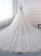 Ivory Tulle With Lace Long Wedding Party Dress With Sweep Train, Ivory Formal Dress
