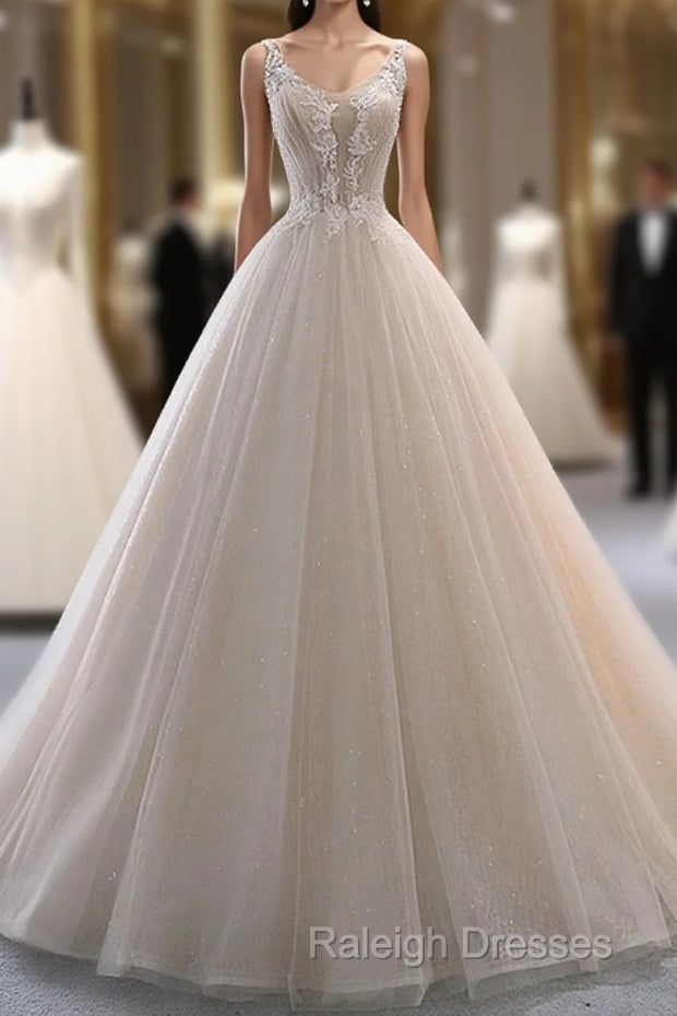 Ivory Tulle With Lace Long Wedding Prom Dresses With Sweep Train Ivory Prom Dresses Main image