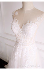 Ivory Tulle With Lace Round Neckline Long Wedding Party Dress, Ivory Tulle Prom Dress