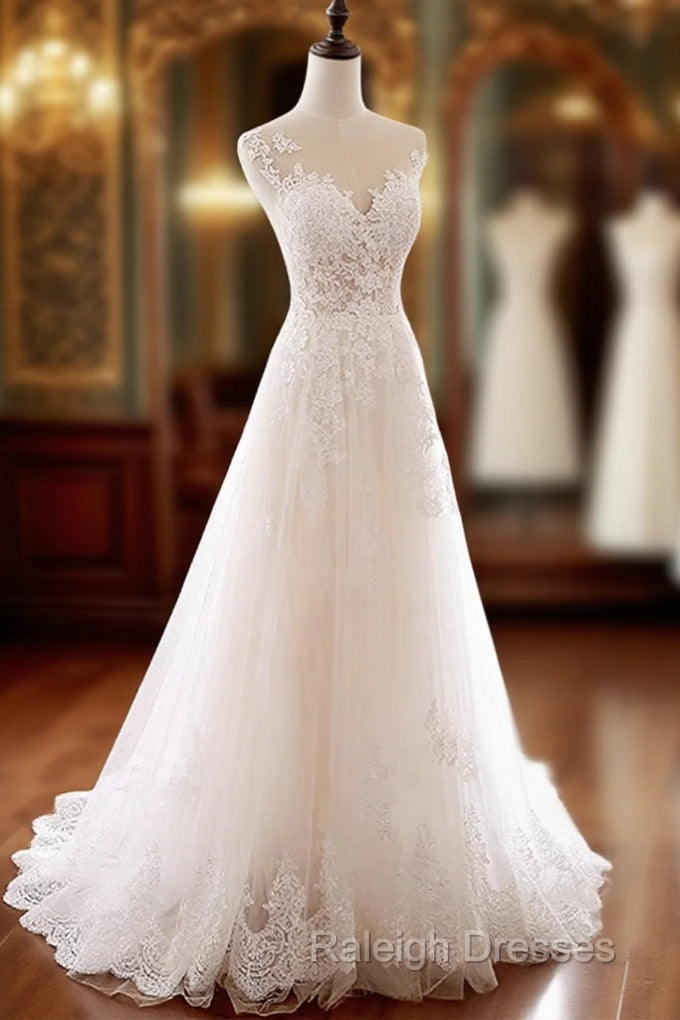 Ivory Tulle With Lace Round Neckline Long Wedding Party Dress, Ivory Tulle Prom Dress Main image