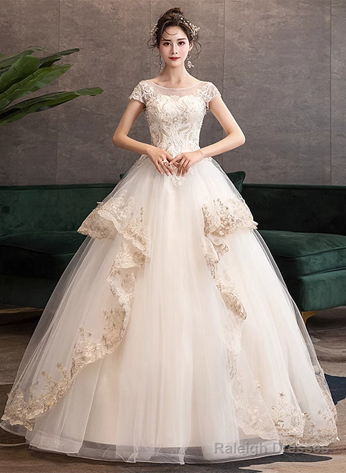 Ivory Tulle With Lace Short Sleeves Sweet 16 Dress, Ivory Tulle Ball Gown Layers Formal Dress Main image