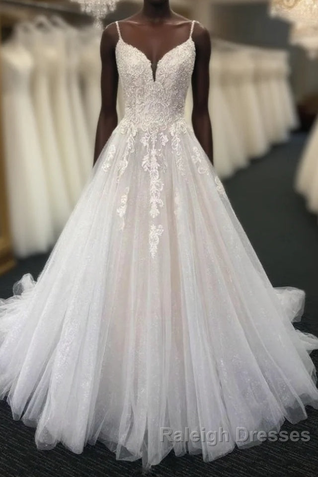 Ivory V neck Sleeveless A Line Princess Lace Wedding Dresses Main image