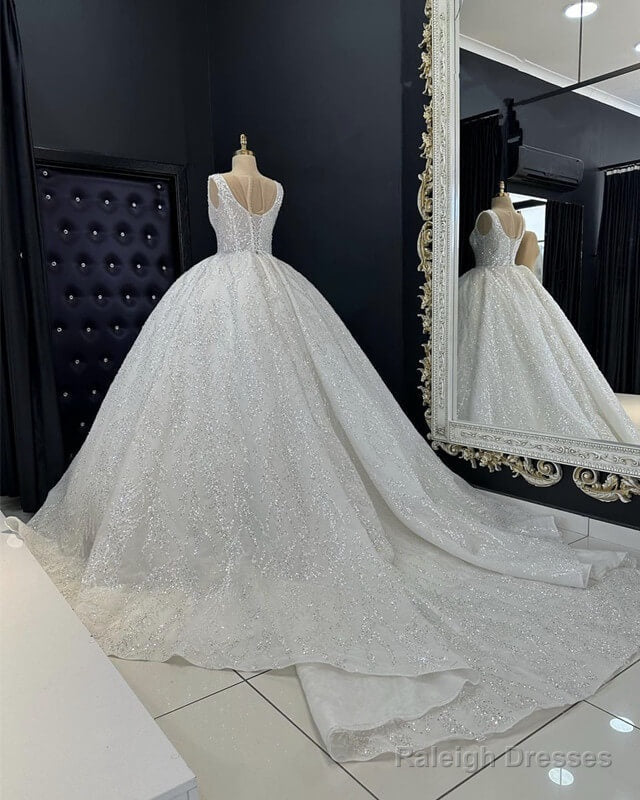 Ivory V-Neck Sparkly Wedding Ball Gown Dress