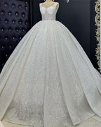 Ivory V-Neck Sparkly Wedding Ball Gown Dress