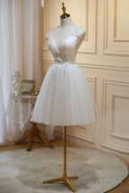 Ivory V Neck Tulle Lace Knee Length Prom Dress, Cute A Line Homecoming Dress