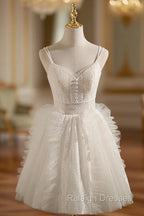 Ivory V Neck Tulle Lace Short Prom Dress Lace Cocktail Dress