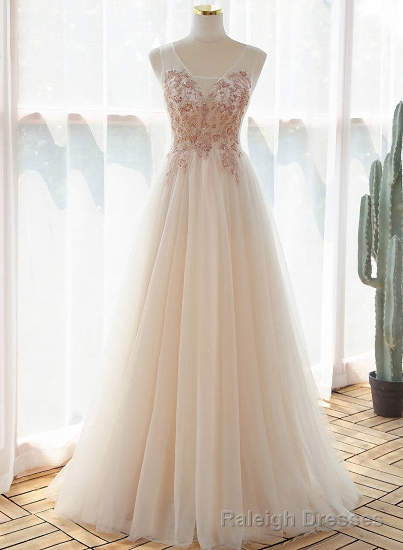 Ivory V-neckline Floor Length Tulle Prom Dress, Beaded Formal Dress Evening Dress Secondary image