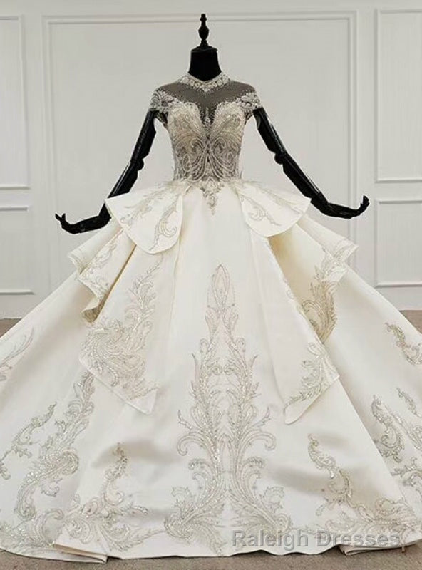 Ivory White Ball Gown Satin Cap Sleeve Beading Crystal Wedding Dress Main image