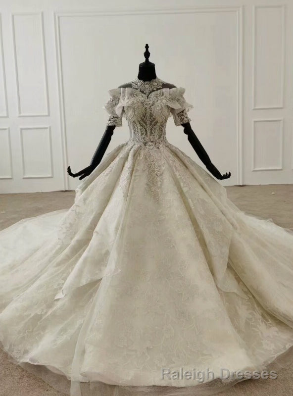 Ivory White Ball Gown Tulle High Neck Short Sleeve Wedding Dress Main image