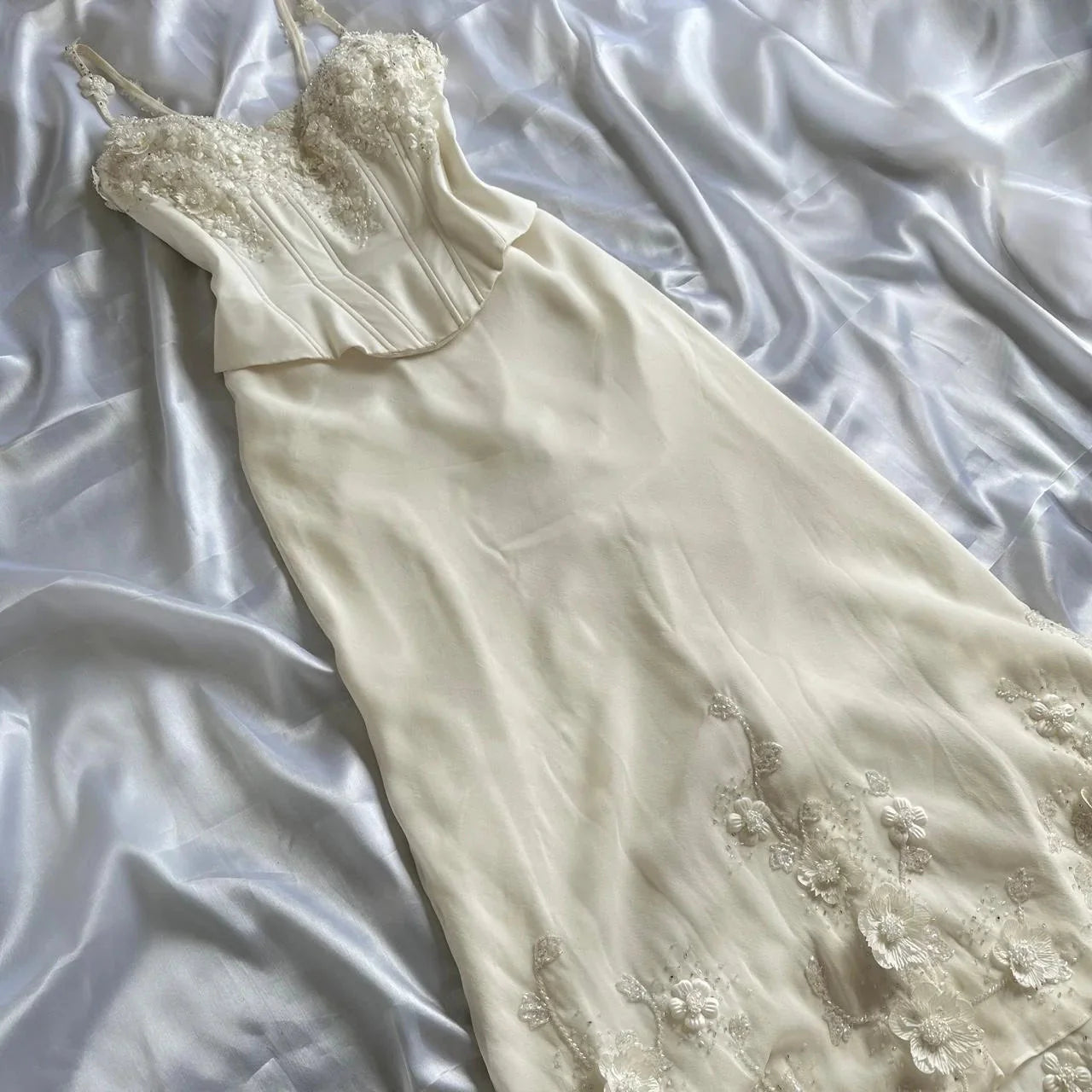 Ivory Luxury Gorgeous Fashion Exquisite Flowers Beading Long Chiffon Elegant Ball Gown Evening Dress Party Dress