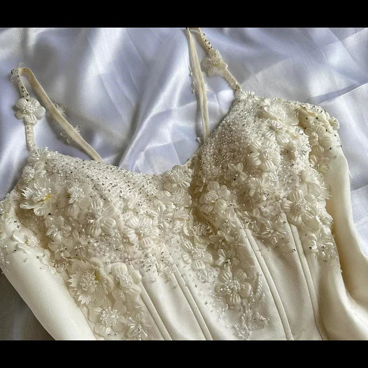 Ivory Luxury Gorgeous Fashion Exquisite Flowers Beading Long Chiffon Elegant Ball Gown Evening Dress Party Dress