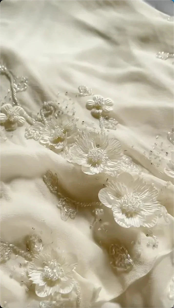 Ivory Luxury Gorgeous Fashion Exquisite Flowers Beading Long Chiffon Elegant Ball Gown Evening Dress Party Dress