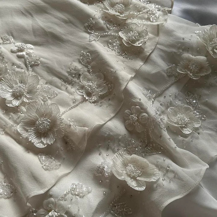 Ivory Luxury Gorgeous Fashion Exquisite Flowers Beading Long Chiffon Elegant Ball Gown Evening Dress Party Dress