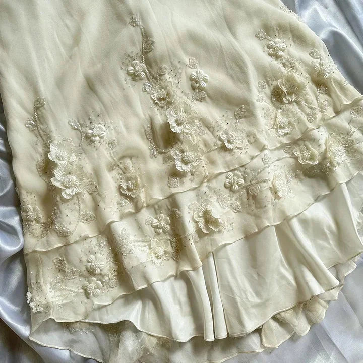 Ivory Luxury Gorgeous Fashion Exquisite Flowers Beading Long Chiffon Elegant Ball Gown Evening Dress Party Dress