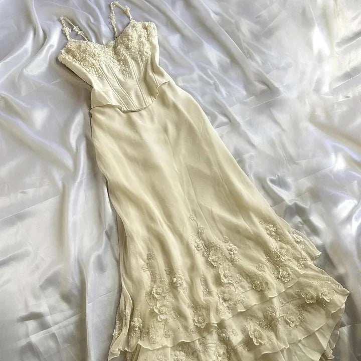 Ivory Luxury Gorgeous Fashion Exquisite Flowers Beading Long Chiffon Elegant Ball Gown Evening Dress Party Dress Main image