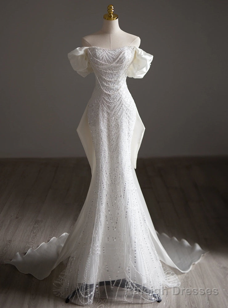 Ivory White Mermaid Sequins Pearls Wedding Dress Main image