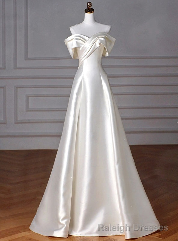 Ivory White Satin Off the Shoulder Pleats Wedding Dress Main image