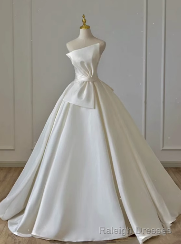 Ivory White Satin Strapless Pleats Wedding Dress