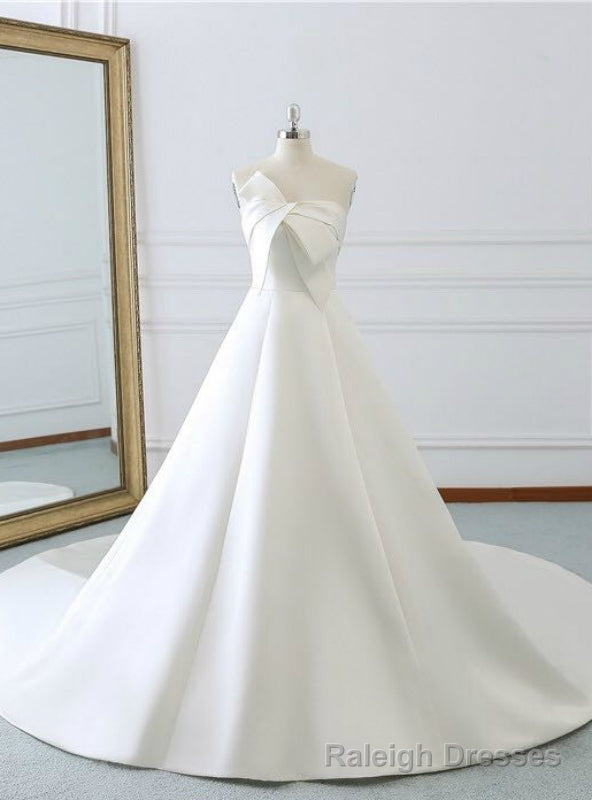 Ivory White Strapless Lotus Leaf Butterfly Satin Wedding Dress With Train