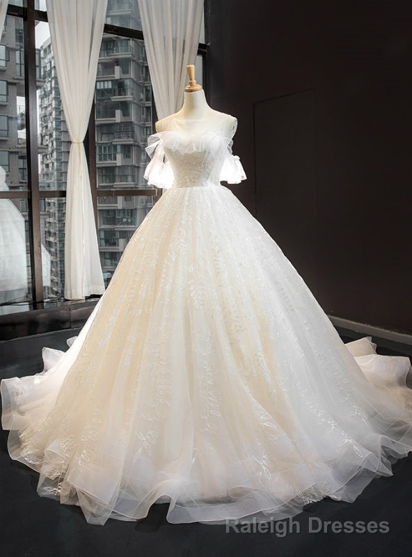 Ivory White Tulle Backless Appliques Wedding Dress With Train Main image