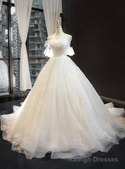 Ivory White Tulle Backless Appliques Wedding Dress With Train