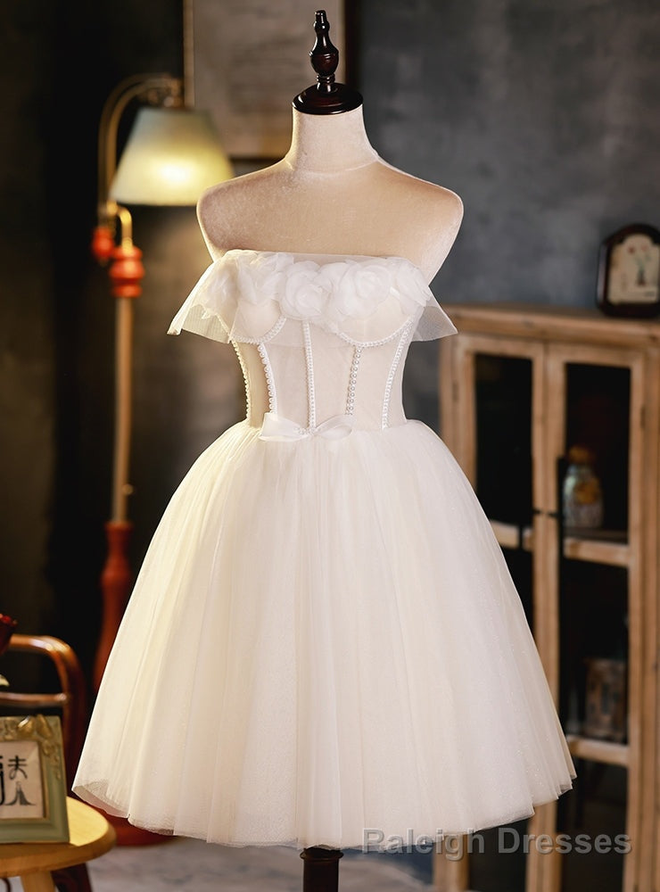 Ivory White Tulle Strapless Pearls Homecoming Dress Main image